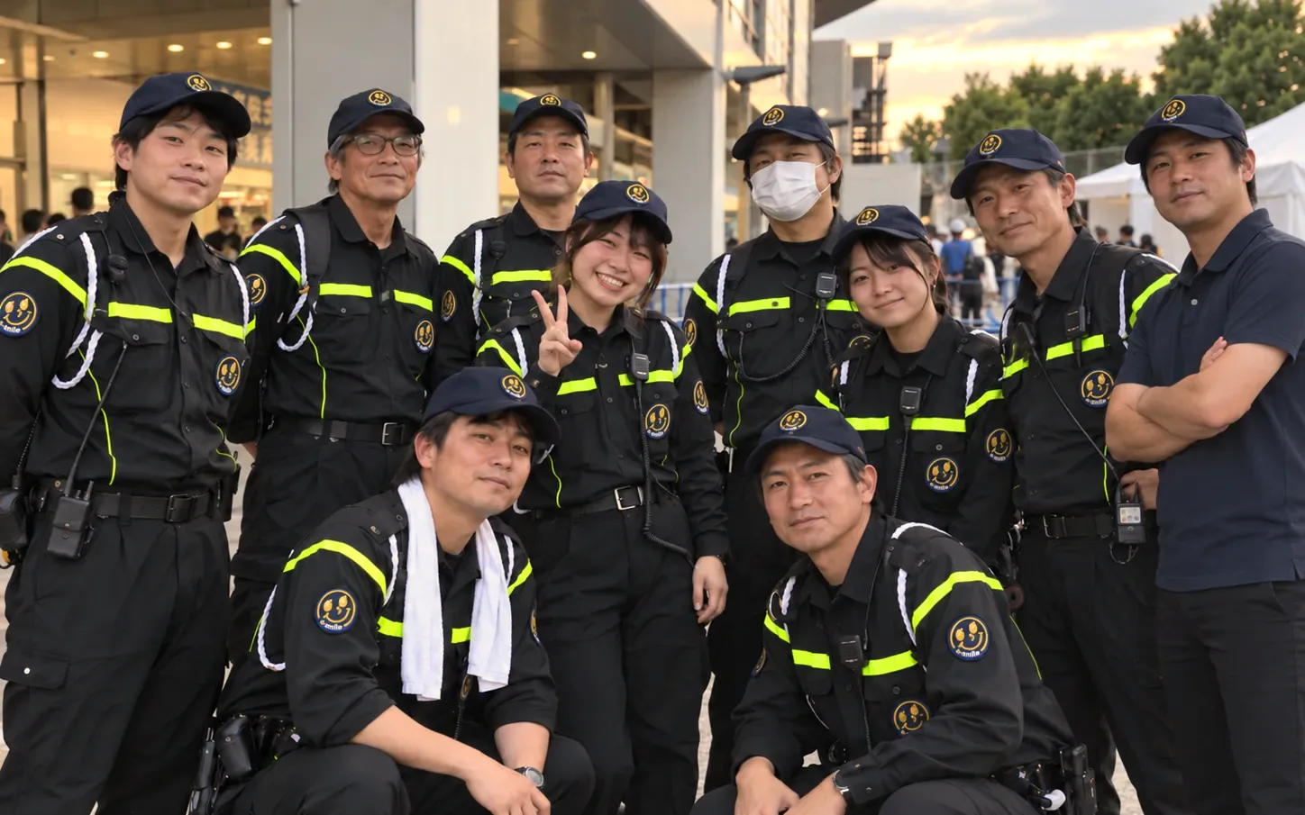 イベント会場の前で笑顔で並ぶ警備スタッフ